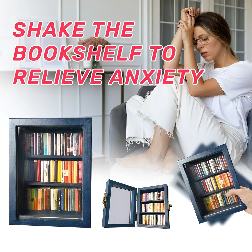 Mini wooden anti-anxiety bookshelf ornament with 60 mini books, 10x8x5cm, for desktop decor.