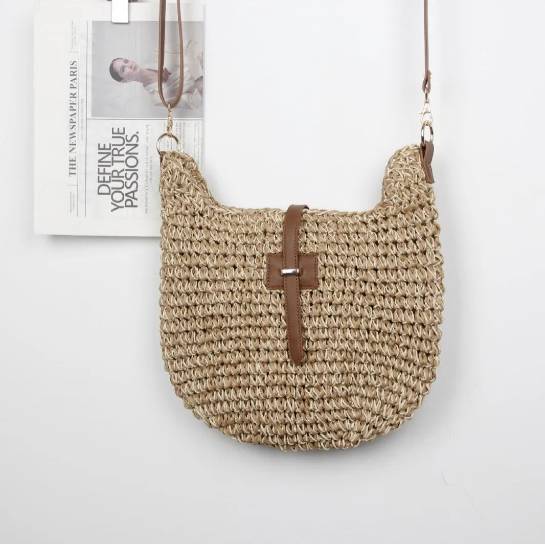 Beige handmade woven shoulder bag with sandwich pocket and long strap