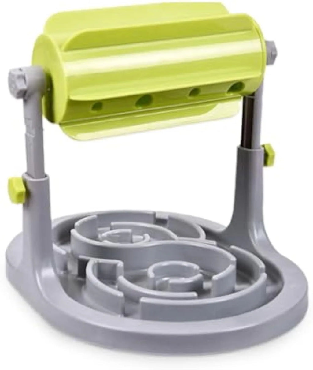 Interactive pet slow feeder bowl with adjustable height in blue, green, and pink options