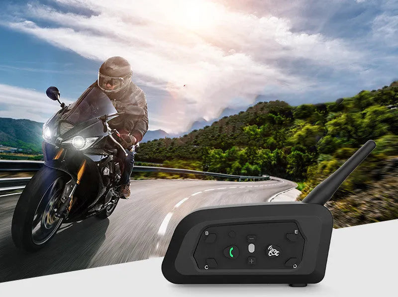 V6 Pro motorcycle Bluetooth intercom unit with mounting clip and headphones