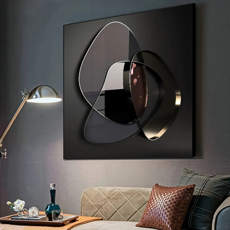 Modern abstract 3D metal wall art canvas painting, frameless spray painting finish, oil on canvas, square format