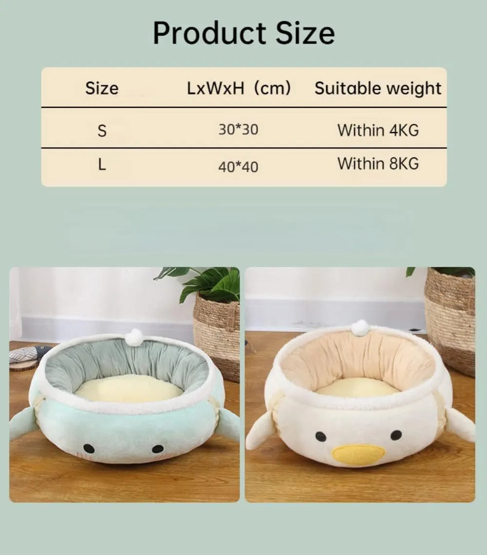 Green chick-shaped cat bed shown both flat as a sofa and hanging as a hammock for a small cat.