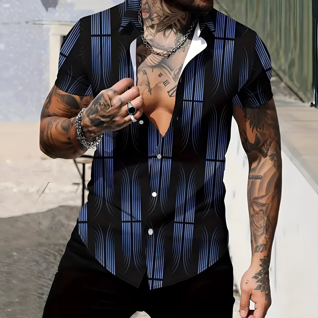 Men's slim fit geometric print short sleeve shirt on hanger showing lapel detail