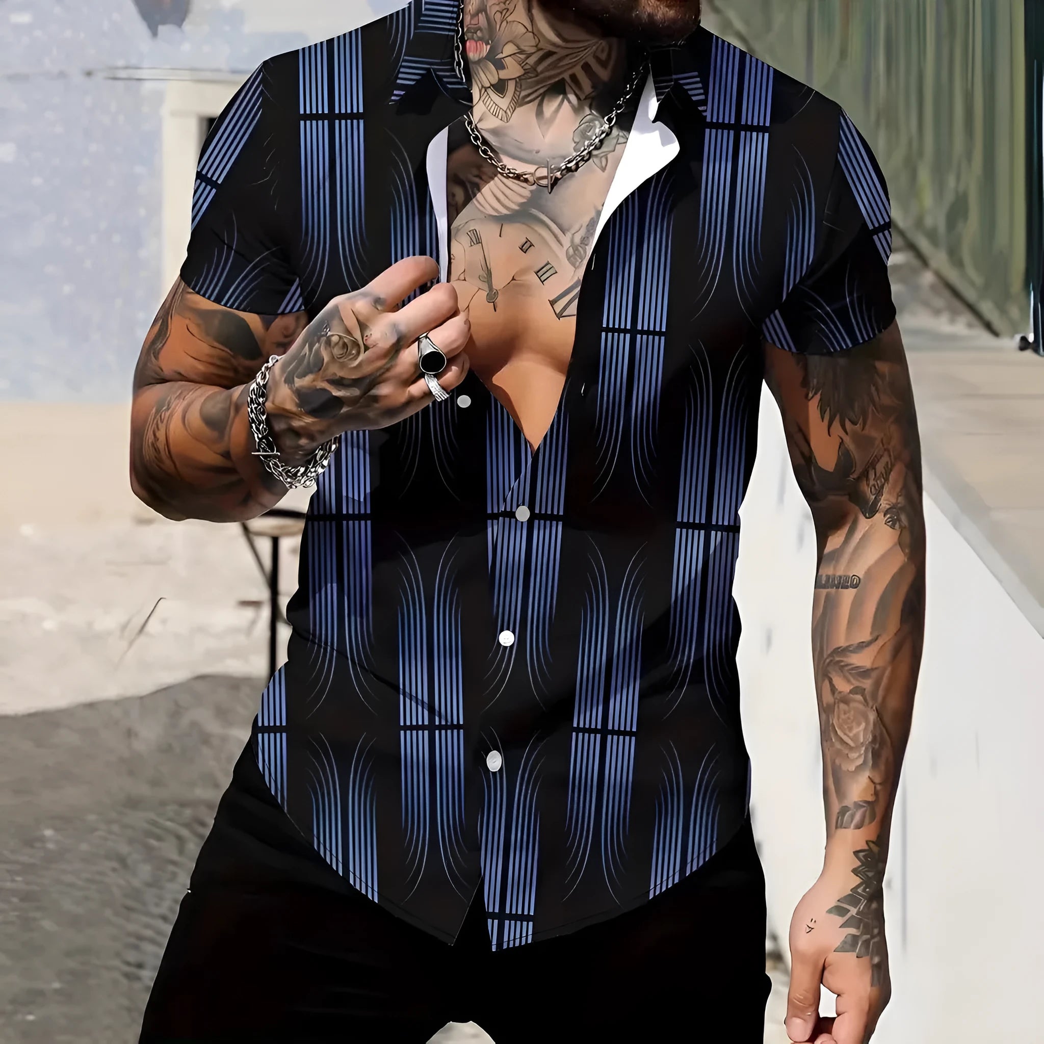 Men's slim fit geometric print short sleeve shirt on hanger showing lapel detail