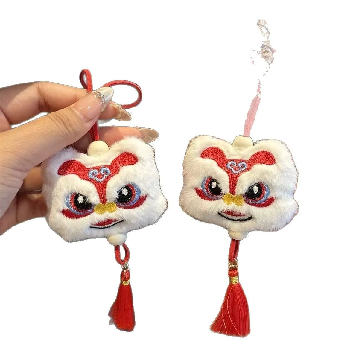 Chinese style plush lion keychain ornament with star stone detail in blue colour