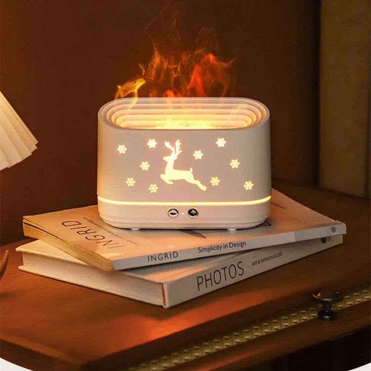 White round Elk flame effect humidifier and essential oil diffuser with USB cable