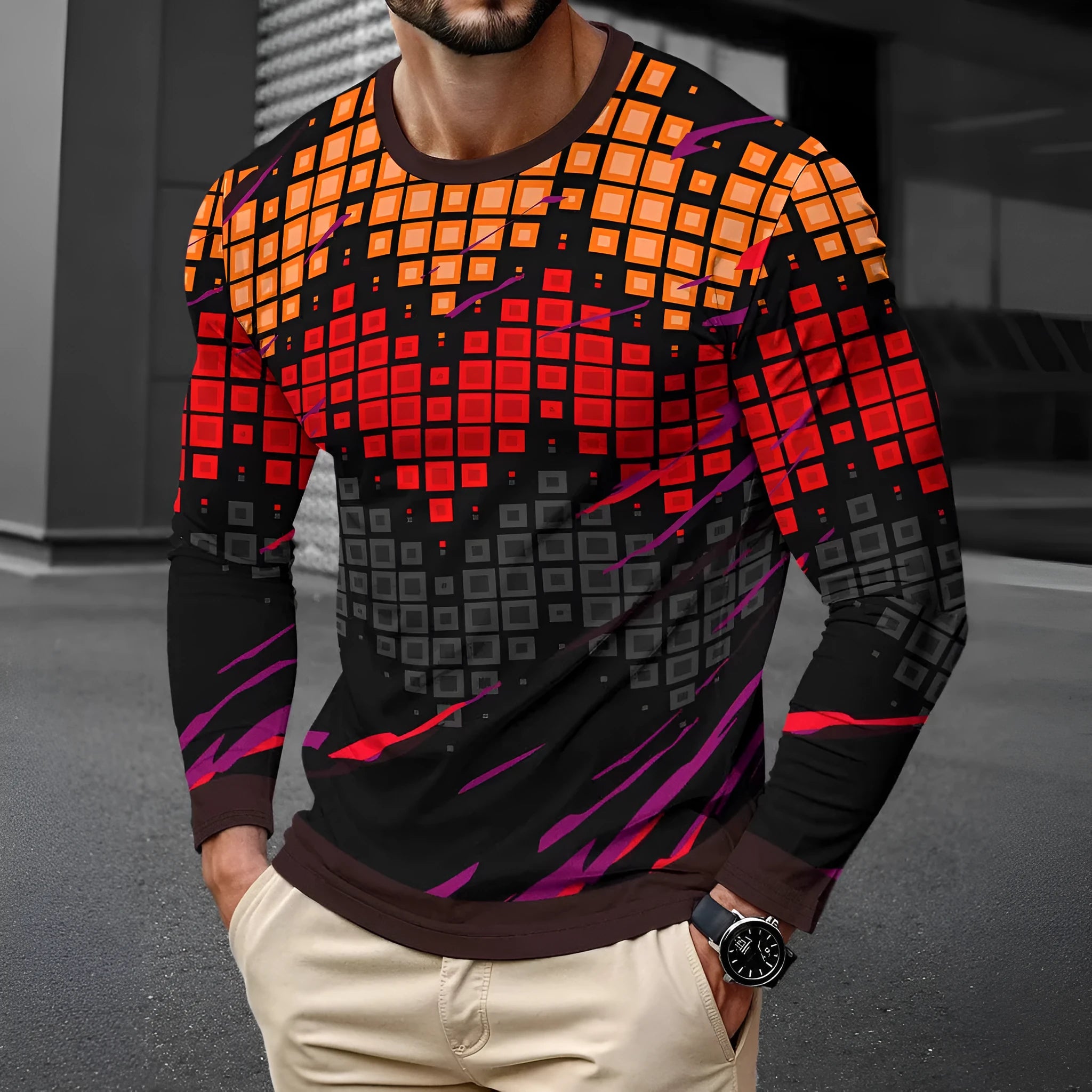 Men's simple long sleeve round neck pullover in milk silk fabric, shown in a casual colour.