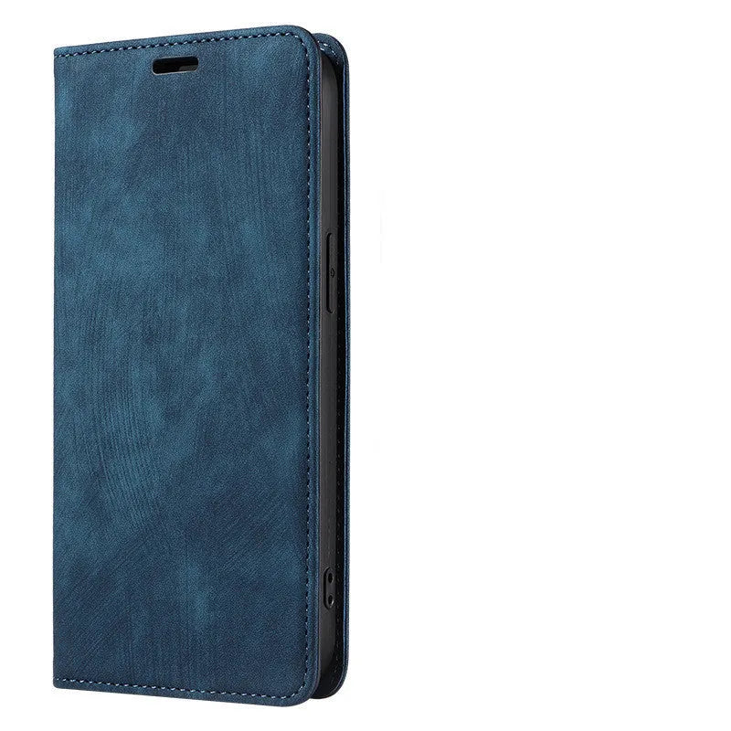 Magnetic flip leather phone case for iPhone in various solid colours, showing front and closed views.