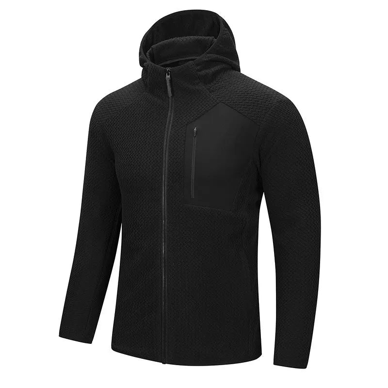 Thickened hooded fleece jacket in black, full zip, side pockets, for men youth outdoor sports
