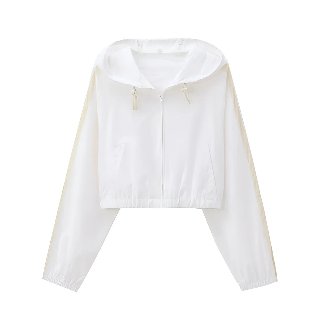 Women's hooded loose fit long sleeve sunscreen top in picture colour, polyester fabric, Asian sizes XS-L