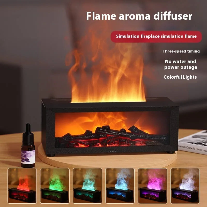 Square flame aromatherapy diffuser with 3D flame effect and colourful base lighting on desktop