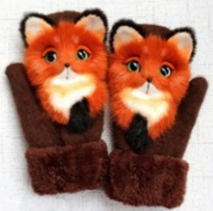 Cartoon animal fleece lined childrens knitted mittens 28cm total length one size