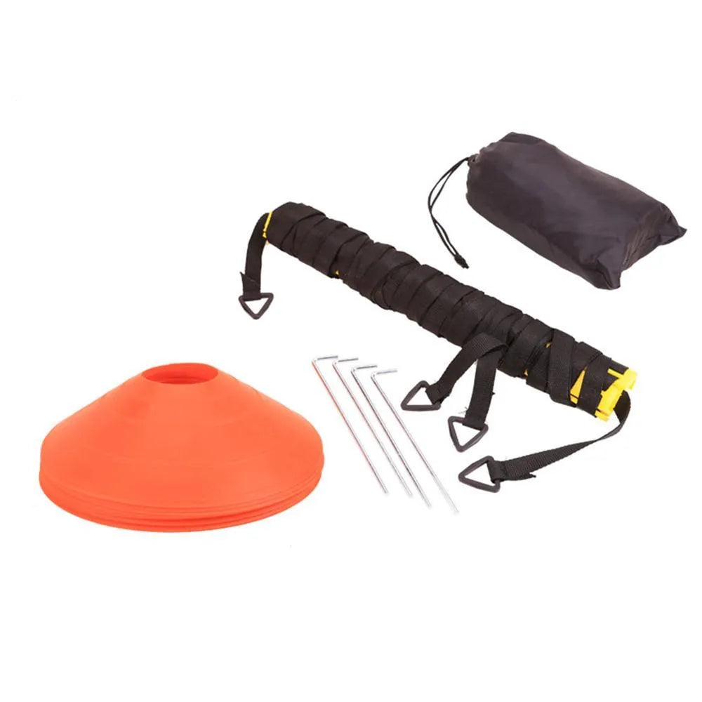 Yellow 6 metre 12 rung football training ladder with steel clips, parachute resistance, agility cones and gym bag