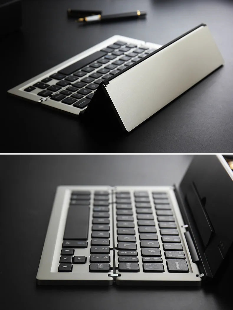 F18 three-fold folding aluminium alloy Bluetooth keyboard in silvery finish, folded to compact size