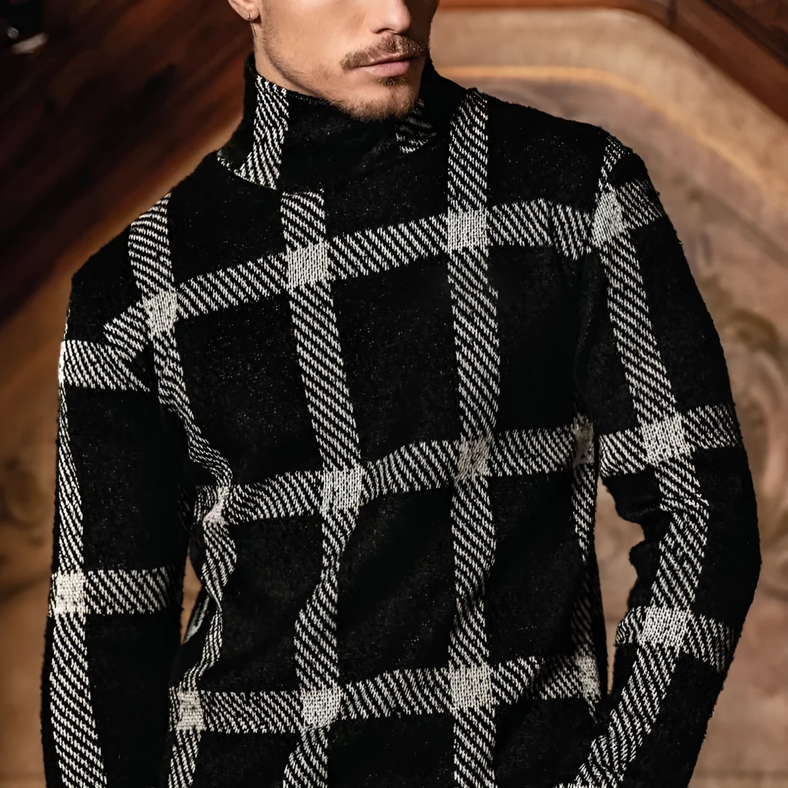 Men's slim fit striped casual jacket with high collar in black, cardigan style