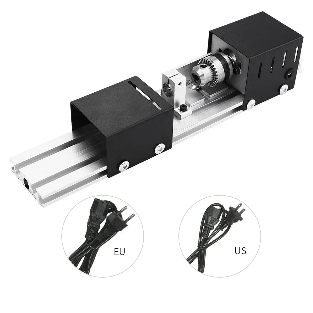 Compact silver metal mini woodworking lathe with tools for manual wood turning, showing scale.