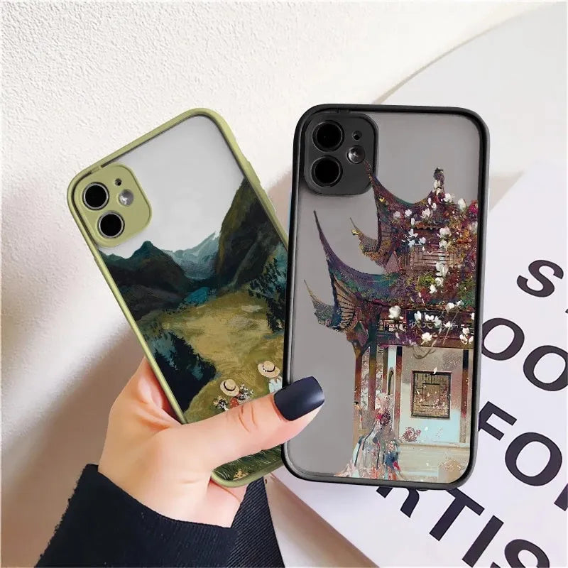 Vintage cartoon scenery girl phone case displayed on iPhone showing Japanese and South Korean inspired print