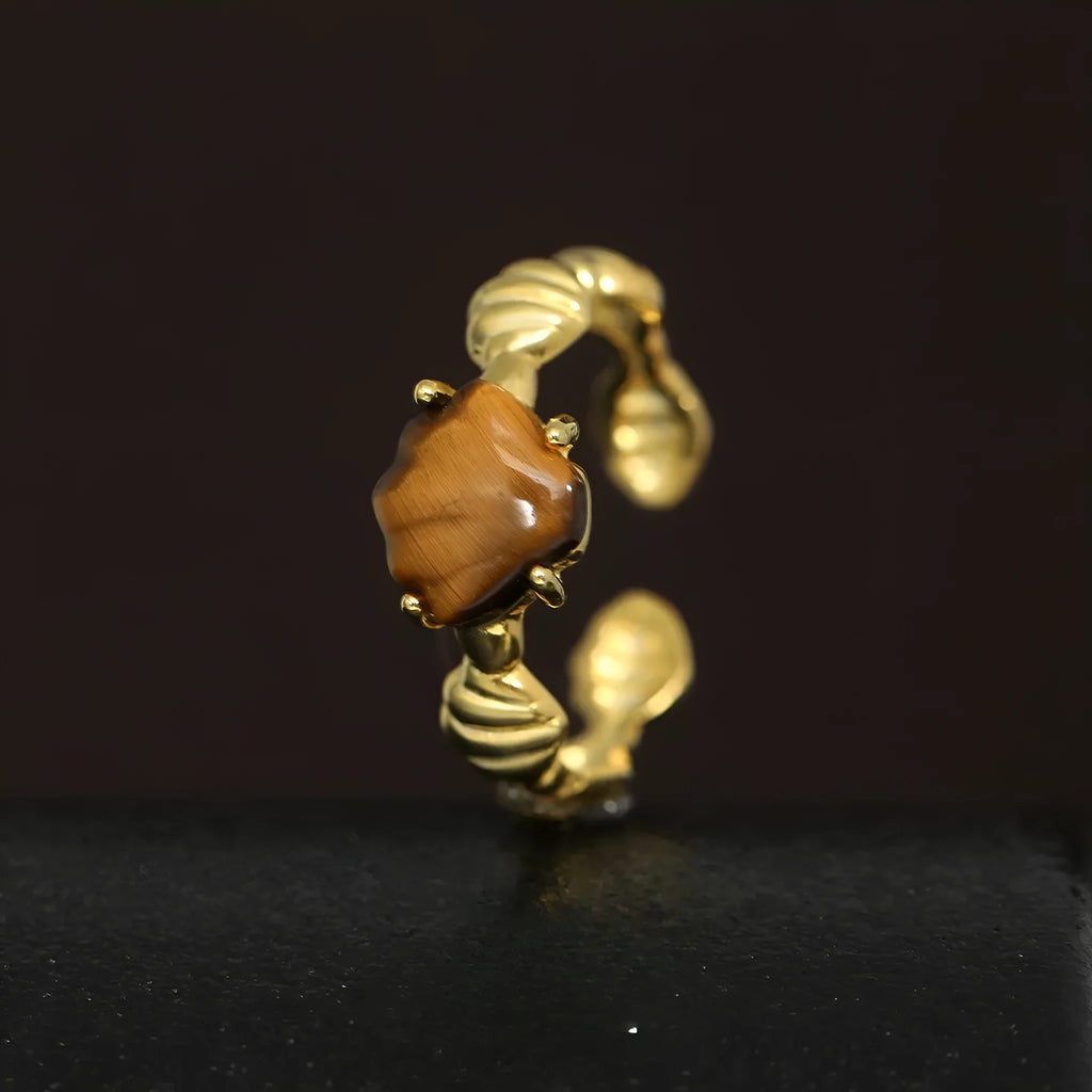 Adjustable shell tiger eye ring in silver with white gold or 18K gold electroplated finish