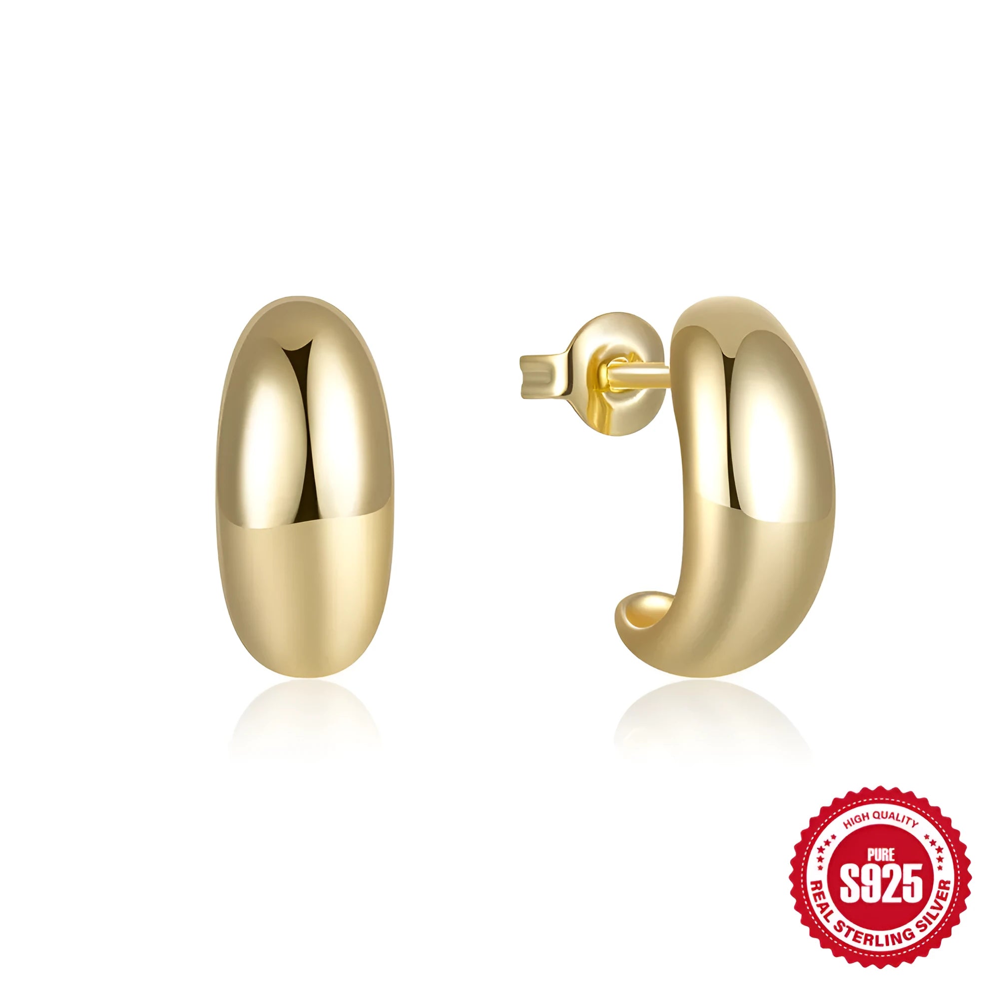 Sterling silver C-shaped stud earring with glossy electroplated gold finish