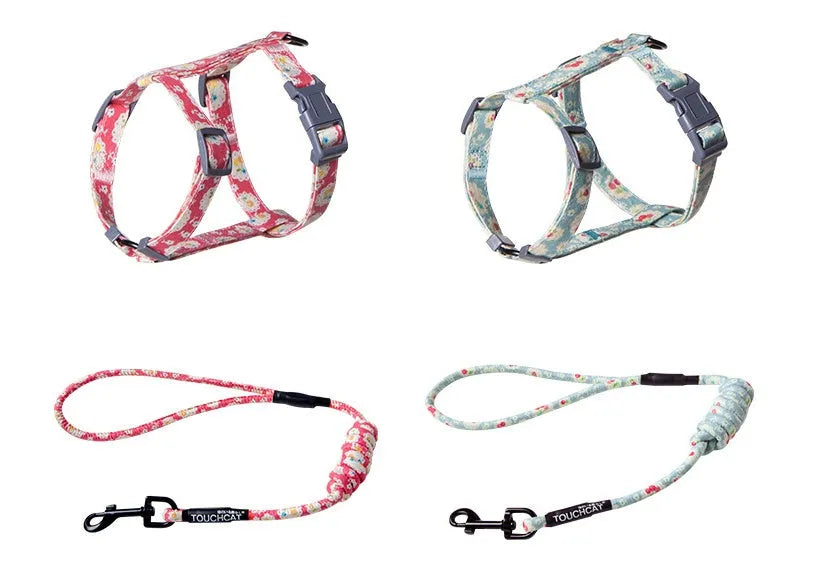 Nylon slipping cat rope harness and lead set in denim blue with adjustable neck and chest straps for small cats