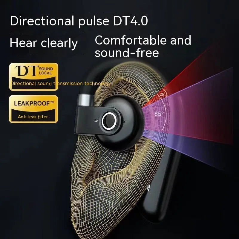 Black ear-mounted non-in-ear Bluetooth headset with charging case and cable