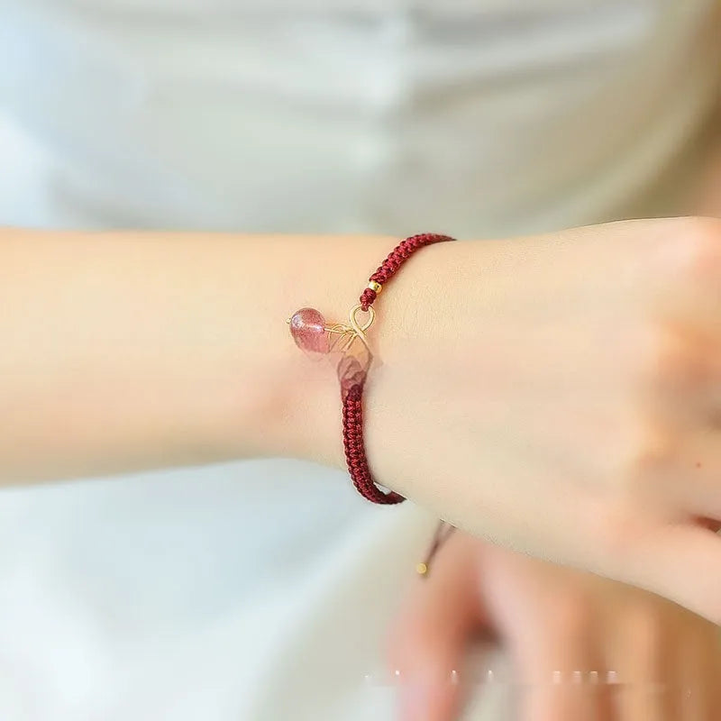 Natural strawberry quartz cherry bracelet with crystal fruit charms for women