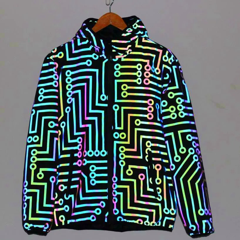 Black hooded reflective jacket for dance, polyester fabric, straight hem, front view on model