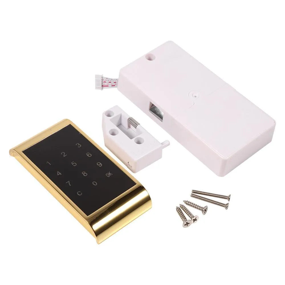 Silver and gold zinc alloy temporary deposit code lock showing compact dimensions and battery compartment