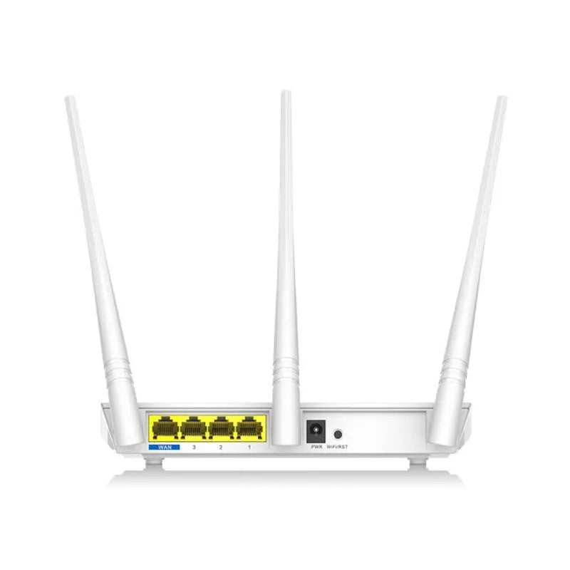 White dual-band wireless router on a desk.