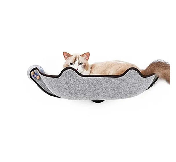 Grey felt cloth cat hammock fixed to a window with three suction cups, 59x22x13cm