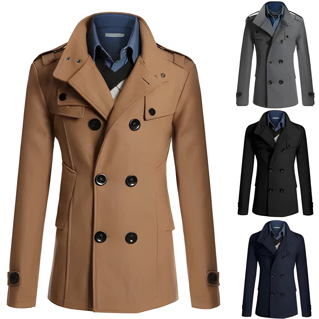 Men's woolen trench coat in cotton blend, single breasted, notched lapel, in khaki colour on model
