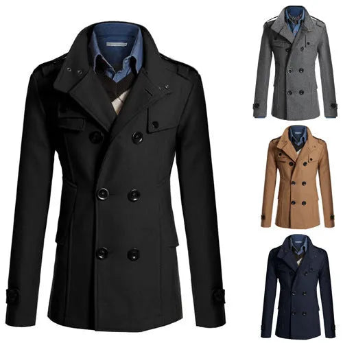 Men's woolen trench coat in cotton blend, single breasted, notched lapel, in khaki colour on model