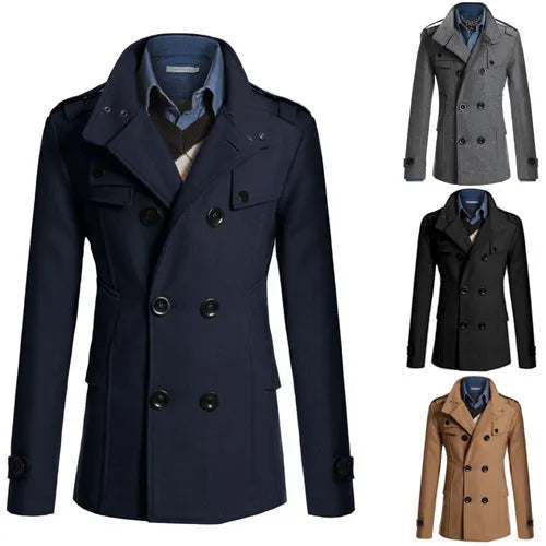 Men's woolen trench coat in cotton blend, single breasted, notched lapel, in khaki colour on model