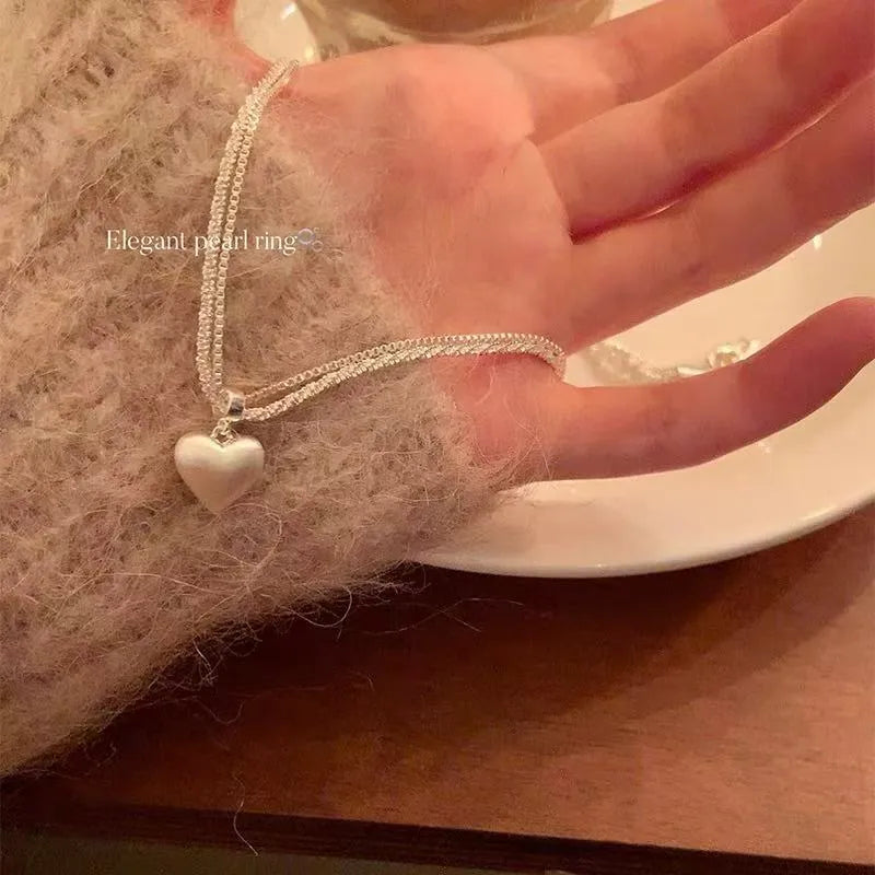 Double-layer brushed silver heart pendant necklace for women with adjustable chain