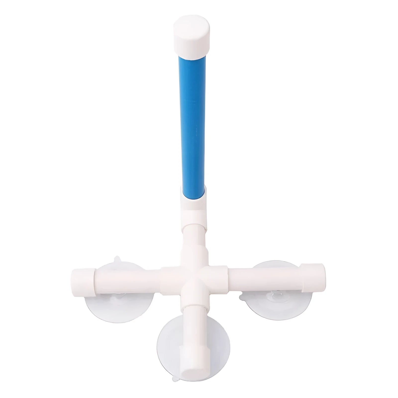 White foldable plastic parrot bath shower stand with three suction cups on a shower wall