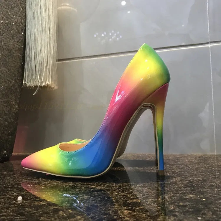 Rainbow glossy patent leather women's ultra-high heel shoes with a pointed toe and thin stiletto.