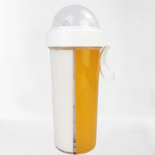Double tube plastic water bottle in blue with two drinking tubes, 420ml size