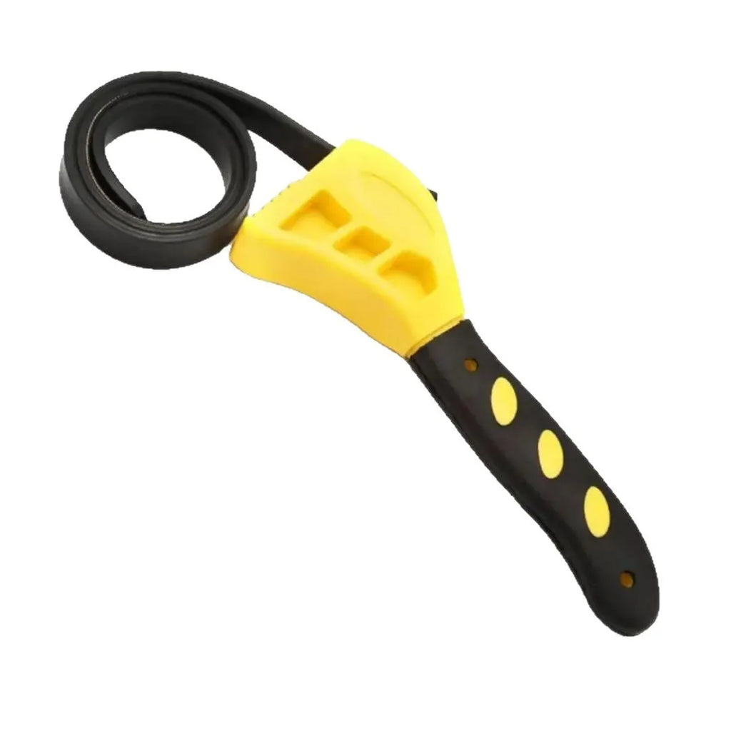 Adjustable rubber strap wrench in 6-inch and 8-inch sizes with plastic rubber strap and phosphated metal.