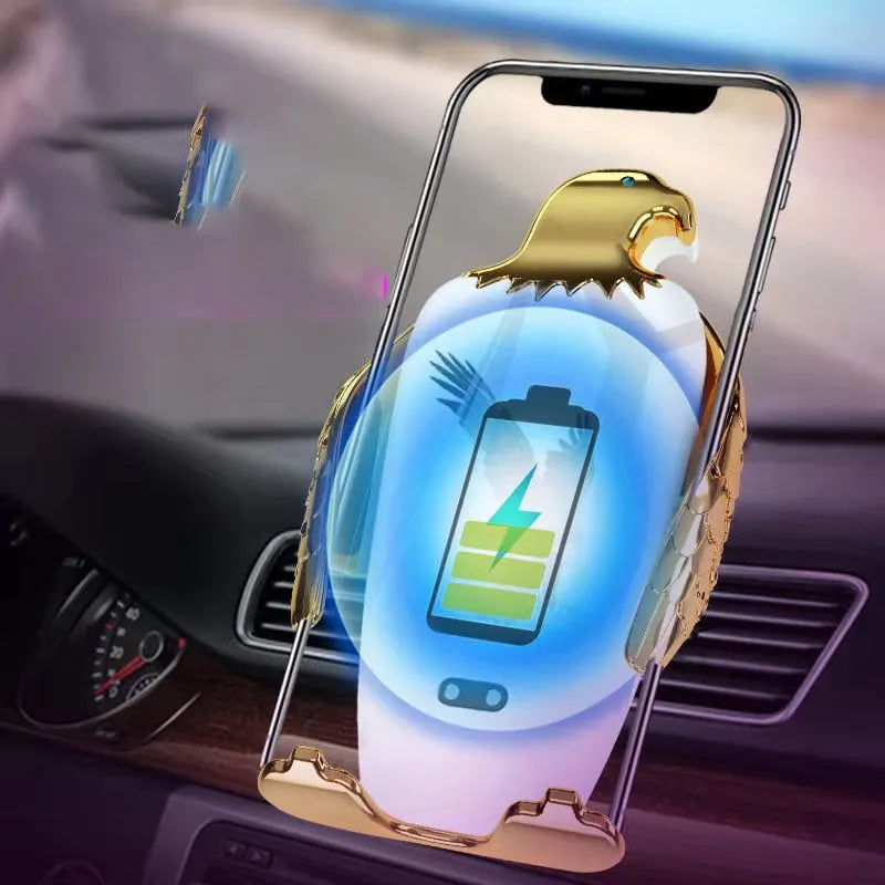 Car phone holder with magnetic wireless charging base mounted on dashboard showing phone attachment