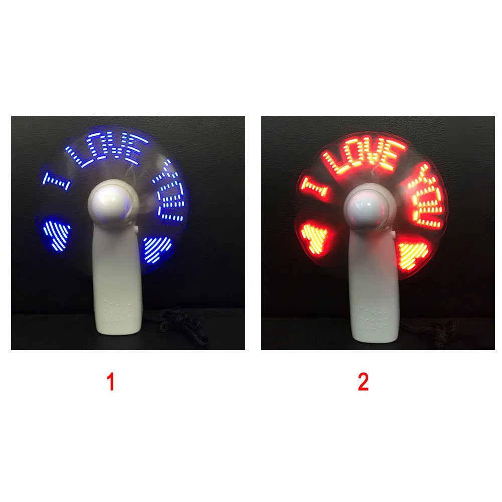 White handheld mini fan with blue and red flashing LED 'I Love You' text display.