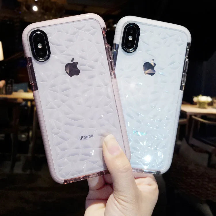 TPU mobile phone case with striped back design shown with pink, white, and black edge colour options for iPhone.