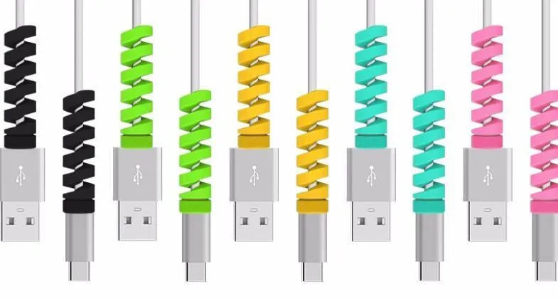 Plastic charging cable protector in various colours, showing its 3.5cm length.