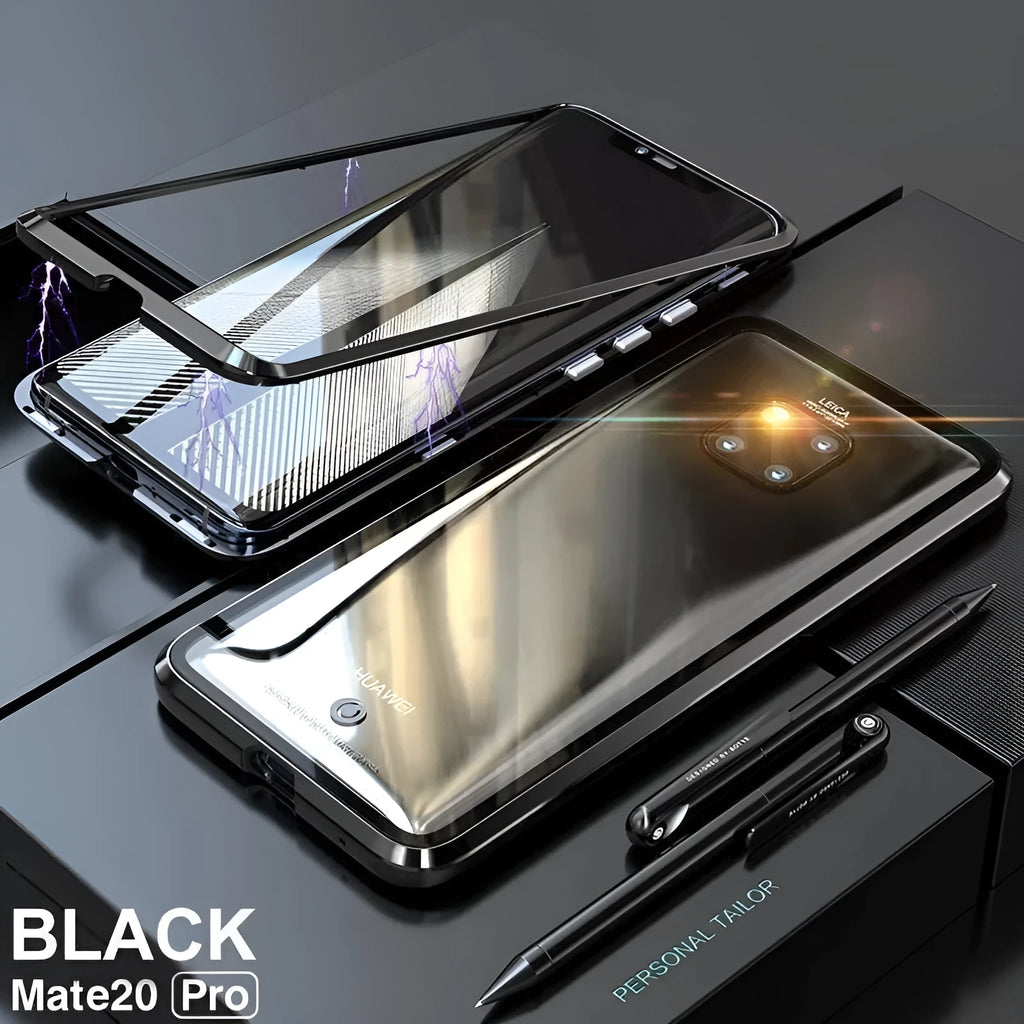 Black magnetic metal phone case with tempered glass back for Huawei P30 Pro showing precise port cuts.