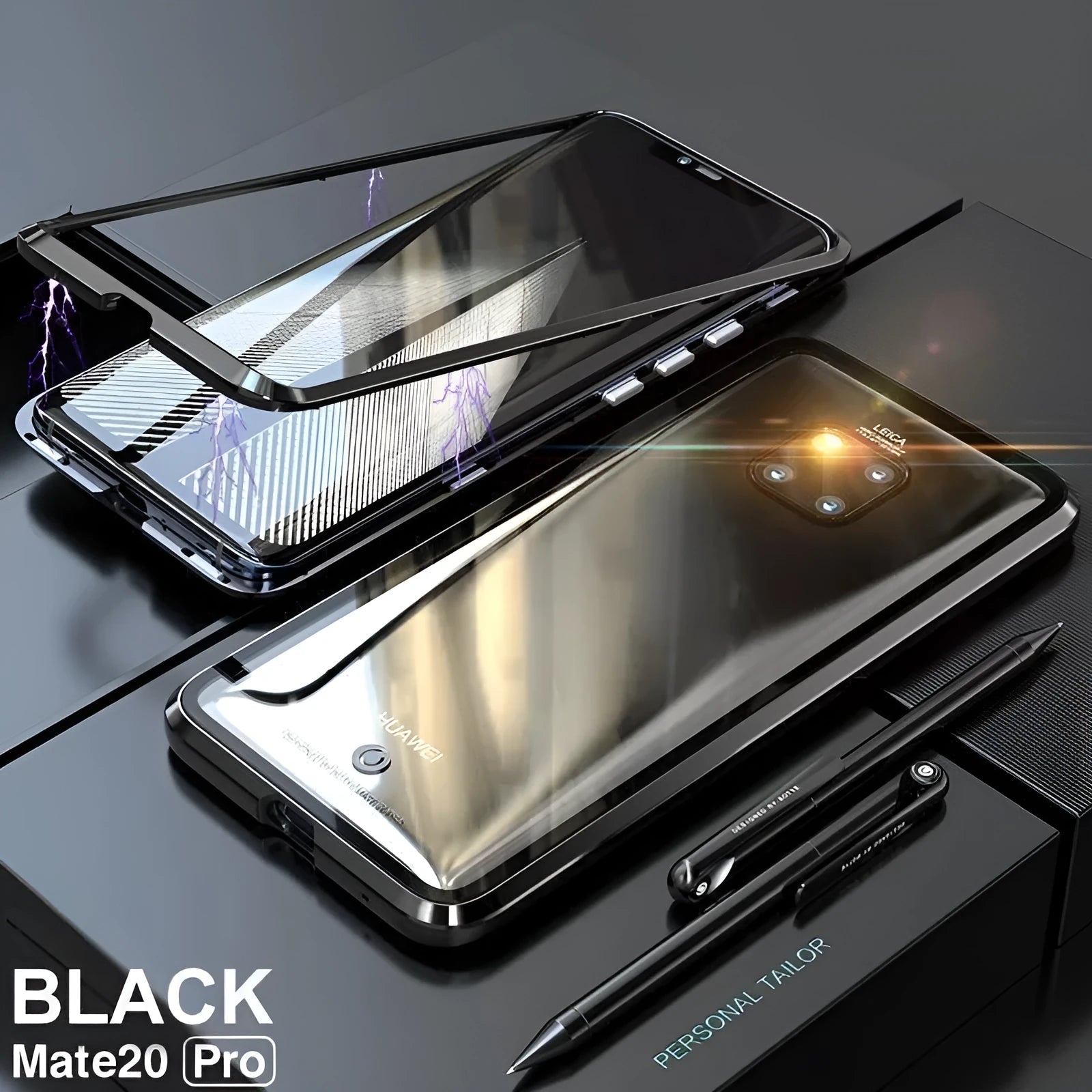 Black magnetic metal phone case with tempered glass back for Huawei P30 Pro showing precise port cuts.