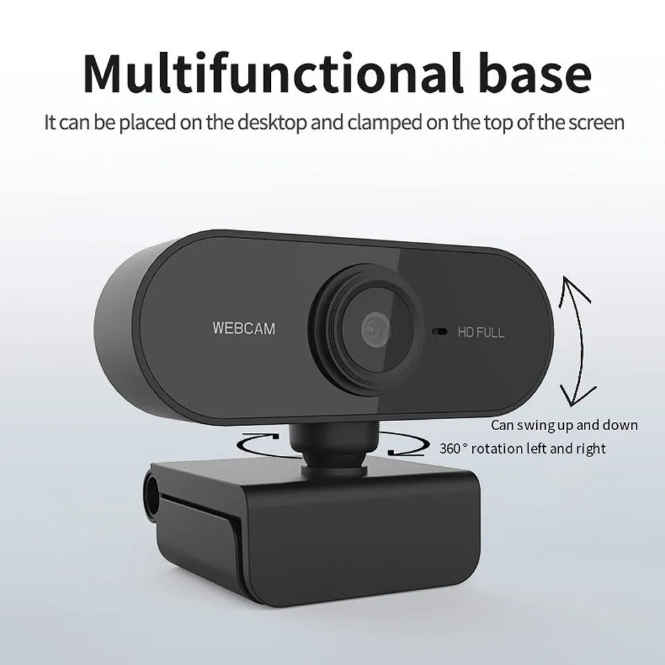 1080P USB webcam with rotatable microphone and HD objective lens in black