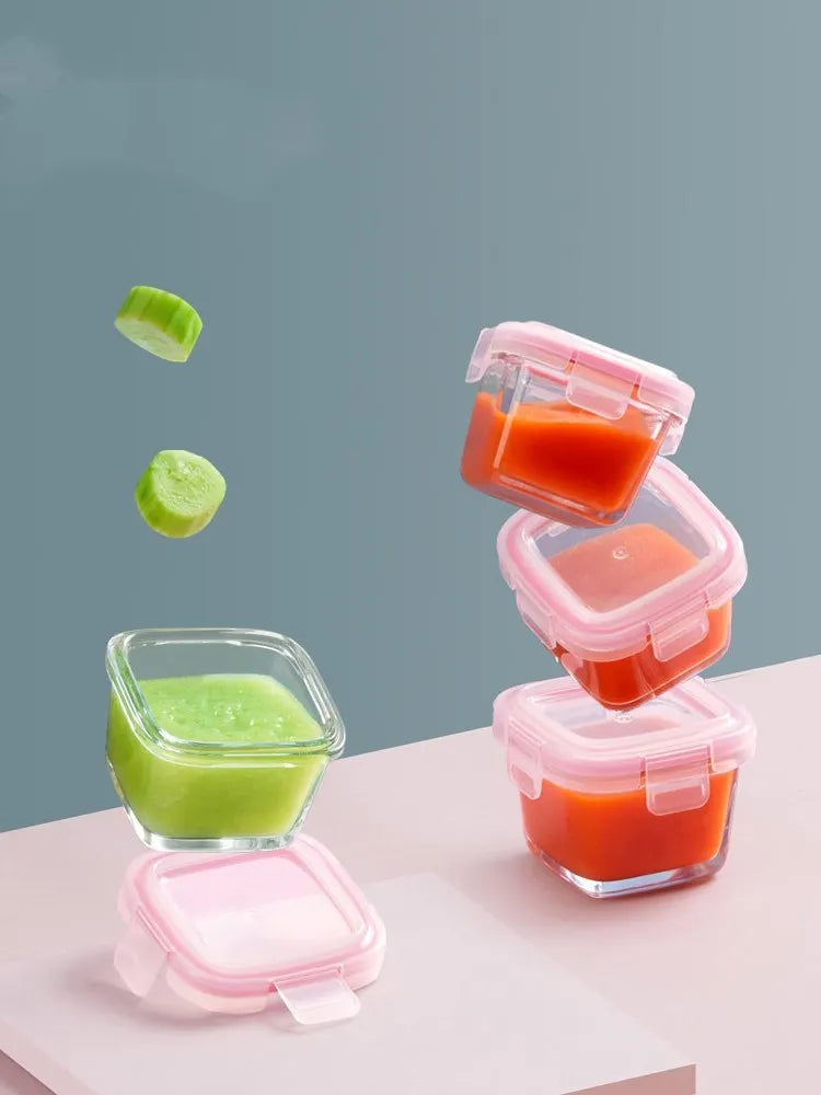 RREIAO 160ml infant food supplement box with glass body, silicone seal, and PP lid in blue colour on white background