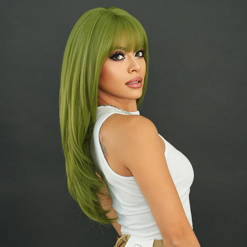 Long straight vanilla green women's wig with full bangs, 63cm length.