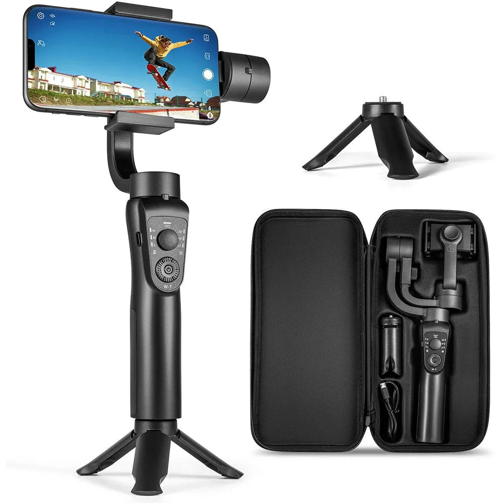 Black three-axis handheld gimbal stabiliser for mobile phone with ABS+PC handle