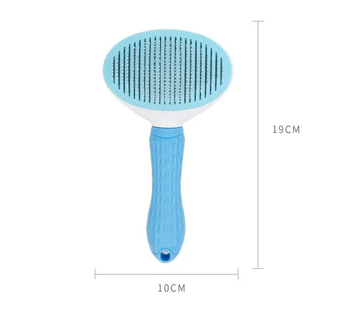 Self-cleaning pet comb with fine needle stainless steel teeth, rubber body, 19 cm, in blue, pink, or grey
