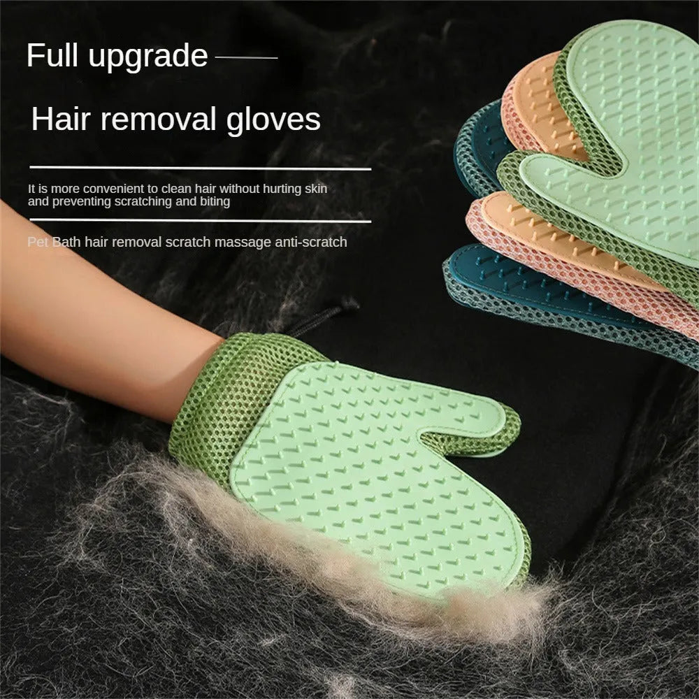 Dark blue pet hair removal glove for cats and dogs on a fabric background